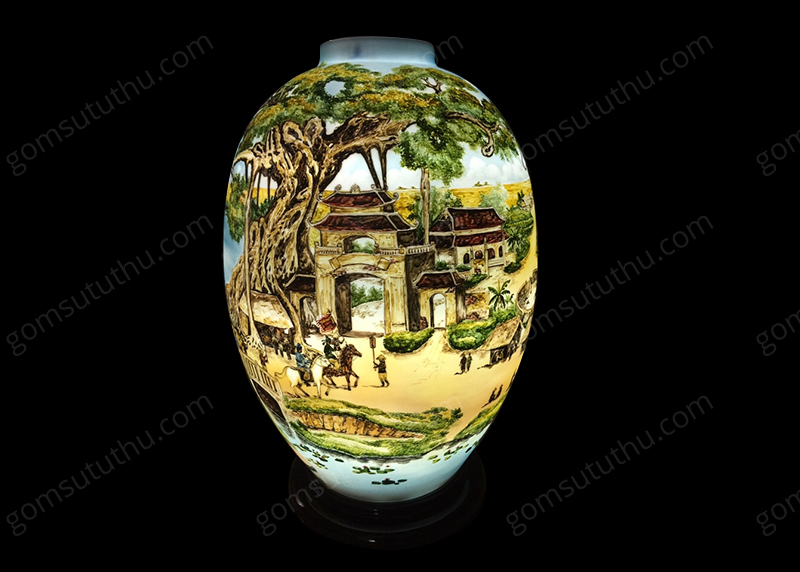 Đèn dáng chum vẽ tay cảnh quê